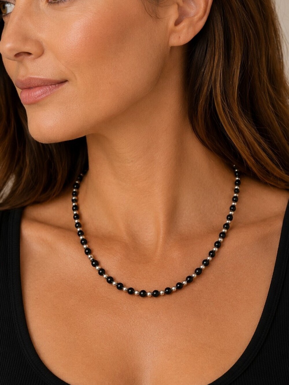 Vintage Black Onyx and Silver Beaded Necklace